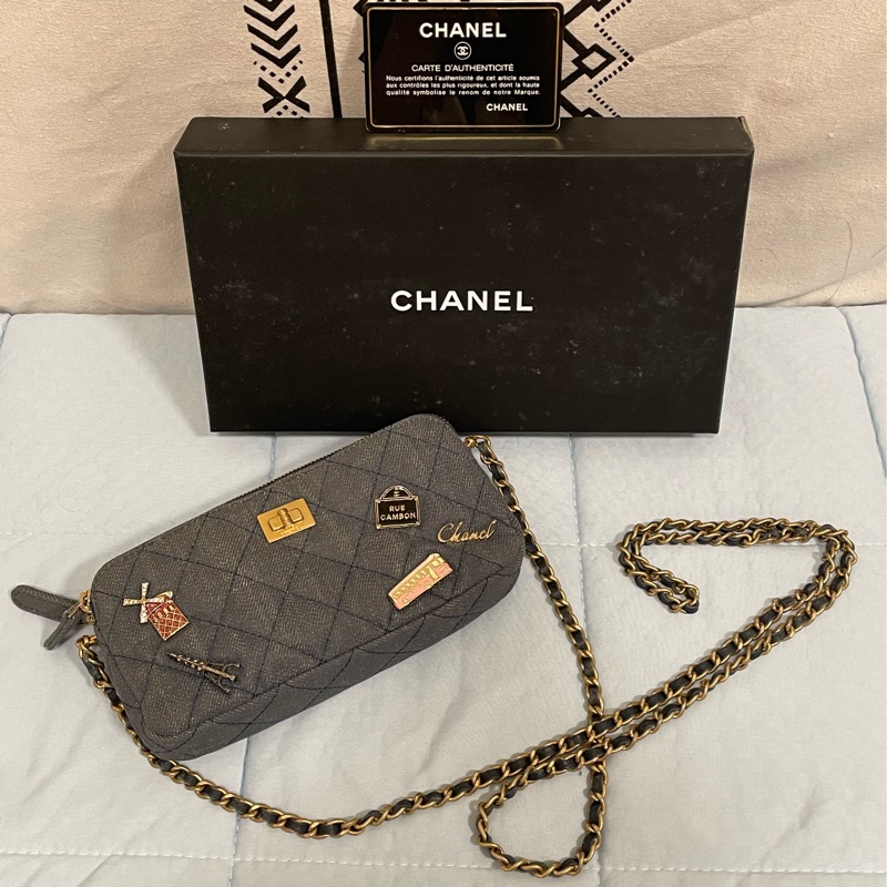 Chanel香奈兒2.55復古徽章牛仔牛皮金鏈包 手機包 長夾 皮夾-4