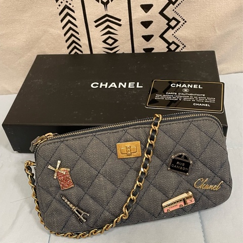 Chanel香奈兒2.55復古徽章牛仔牛皮金鏈包 手機包 長夾 皮夾