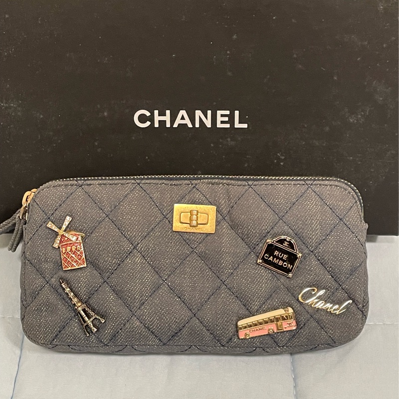 Chanel香奈兒2.55復古徽章牛仔牛皮金鏈包 手機包 長夾 皮夾-2