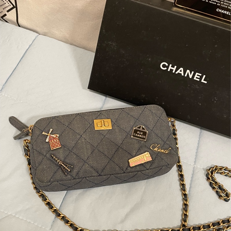 Chanel香奈兒2.55復古徽章牛仔牛皮金鏈包 手機包 長夾 皮夾-4