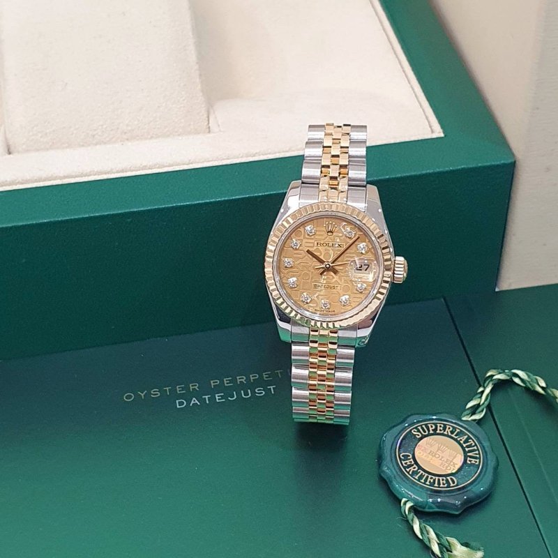【大眾名錶】ROLEX勞力士 179173 Datejust 新款女錶 2016/03 新包台 金色十鑽紀念面盤 實心錶帶 大眾名錶B1286-1