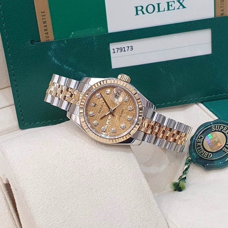 【大眾名錶】ROLEX勞力士 179173 Datejust 新款女錶 2016/03 新包台 金色十鑽紀念面盤 實心錶帶 大眾名錶B1286-2