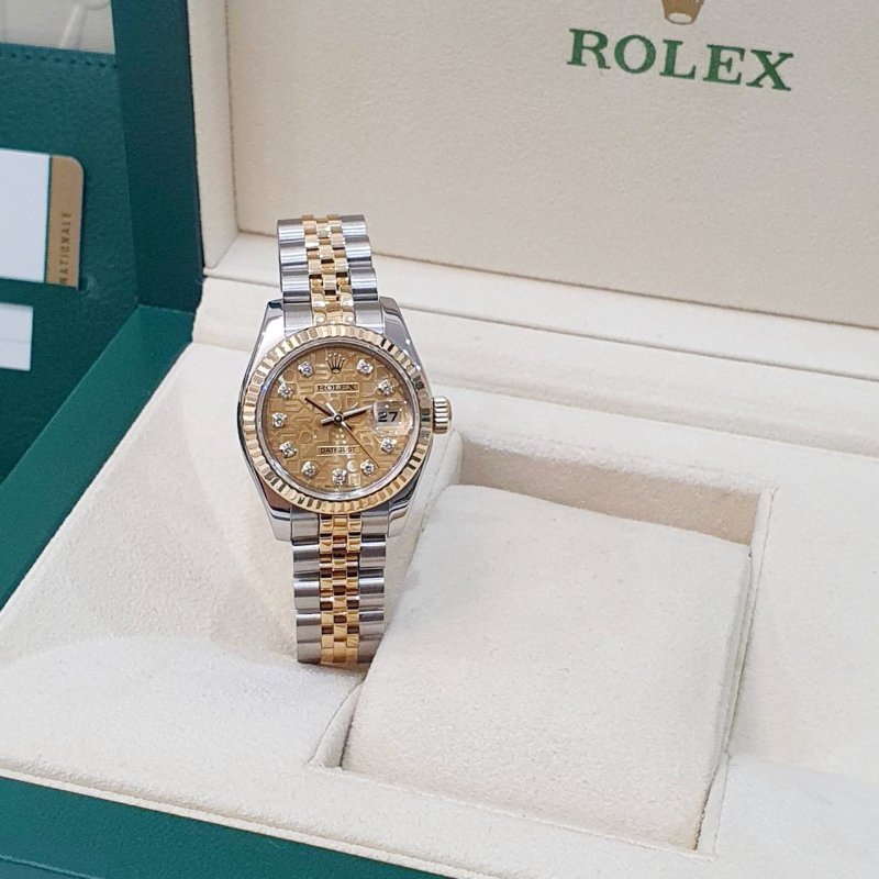 【大眾名錶】ROLEX勞力士 179173 Datejust 新款女錶 2016/03 新包台 金色十鑽紀念面盤 實心錶帶 大眾名錶B1286-3