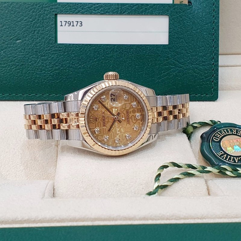 【大眾名錶】ROLEX勞力士 179173 Datejust 新款女錶 2016/03 新包台 金色十鑽紀念面盤 實心錶帶 大眾名錶B1286-4