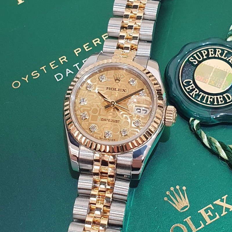 【大眾名錶】ROLEX勞力士 179173 Datejust 新款女錶 2016/03 新包台 金色十鑽紀念面盤 實心錶帶 大眾名錶B1286-5