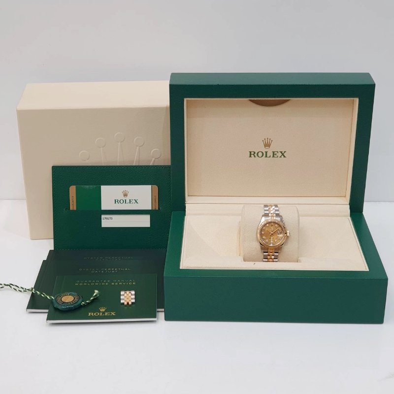 【大眾名錶】ROLEX勞力士 179173 Datejust 新款女錶 2016/03 新包台 金色十鑽紀念面盤 實心錶帶 大眾名錶B1286-9