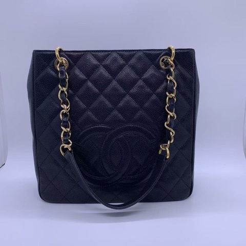 二手Chanel香奈兒pst黑金購物袋，鐳射11開，邊角輕微磨損，成色如圖