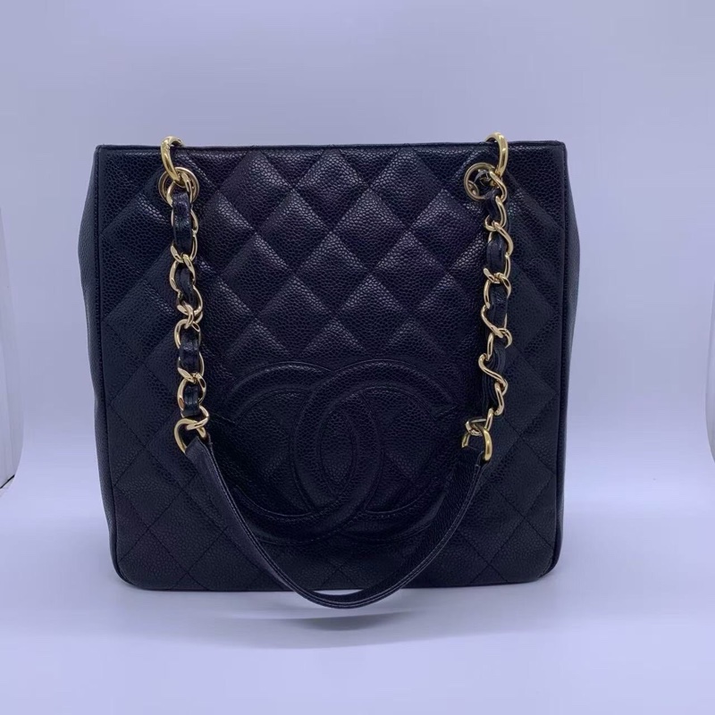 二手Chanel香奈兒pst黑金購物袋，鐳射11開，邊角輕微磨損，成色如圖-0