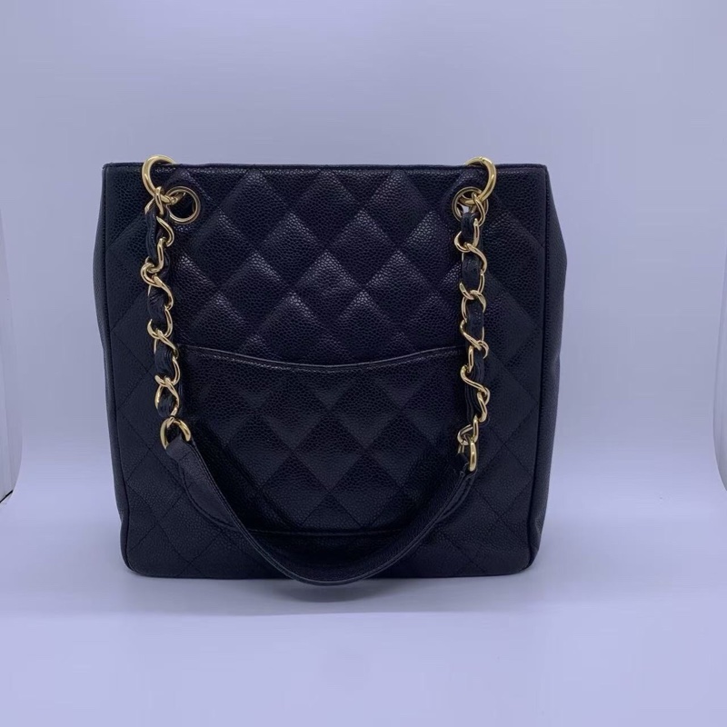 二手Chanel香奈兒pst黑金購物袋，鐳射11開，邊角輕微磨損，成色如圖-1