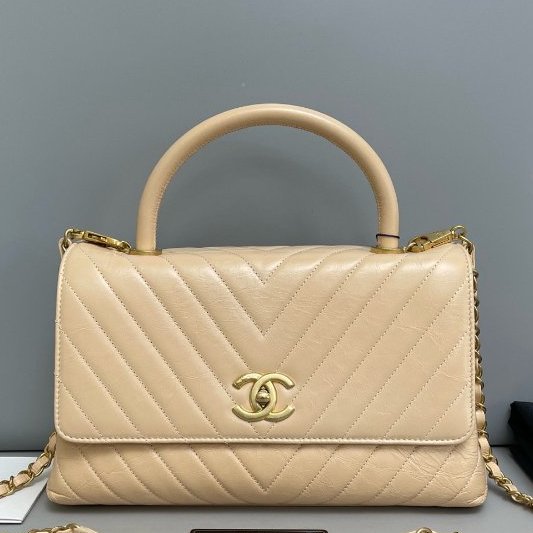 香奈兒/Chanel Coco handle中號奶茶色牛皮V紋包-6