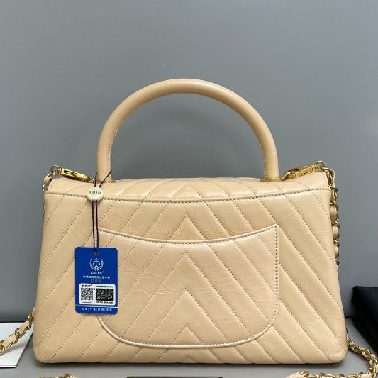 香奈兒/Chanel Coco handle中號奶茶色牛皮V紋包-7