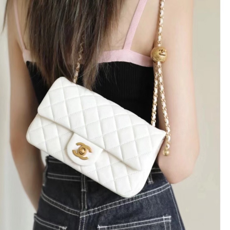 美哭🥹白雪公主風😍Chanel香奈兒白金金球調解扣cf大mini單肩斜挎包-1