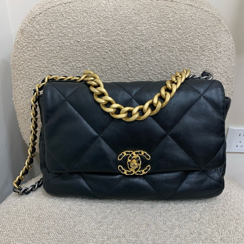 CHANEL香奈兒 黑金19bag 底長30 中號 22年芯片  🈚附件-0