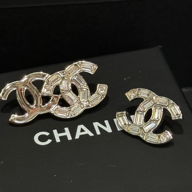 CHANEL/香奈兒 24B 方鑽雙C鴛鴦耳環/耳釘 銀色 方糖鑽 冰糖鑽 不對稱設計 不對稱AB款耳環-4