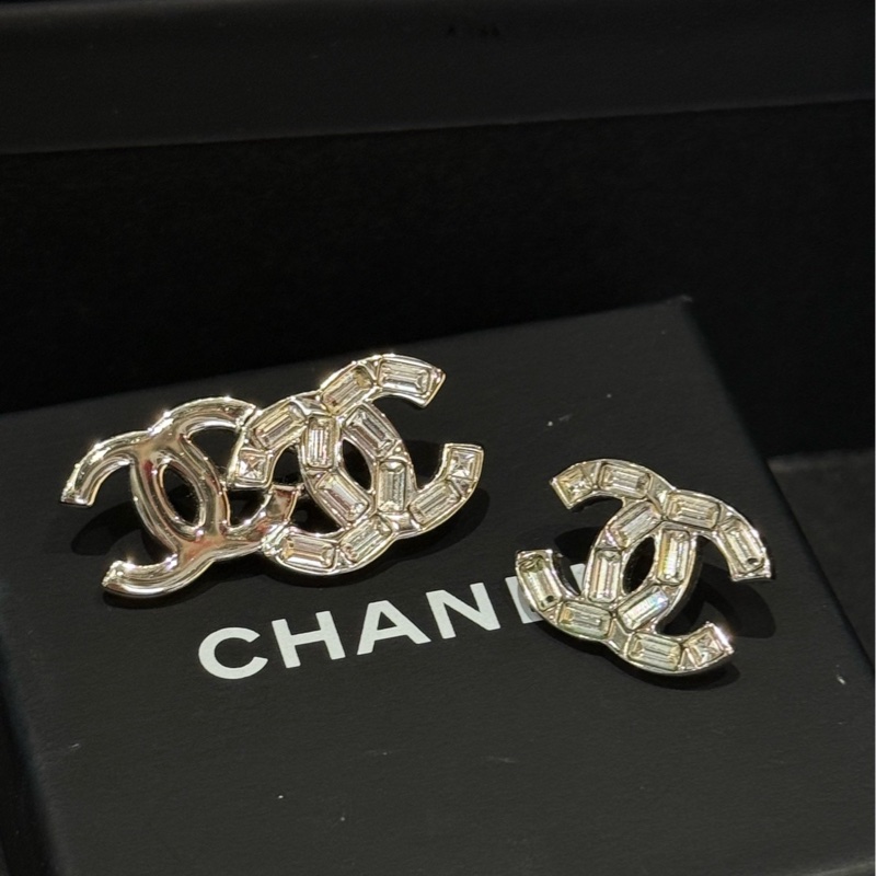 CHANEL/香奈兒 24B 方鑽雙C鴛鴦耳環/耳釘 銀色 方糖鑽 冰糖鑽 不對稱設計 不對稱AB款耳環-5
