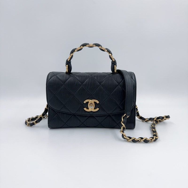 CHANEL黑金揉製羊皮雙C手把轉釦側背包AS2477-3