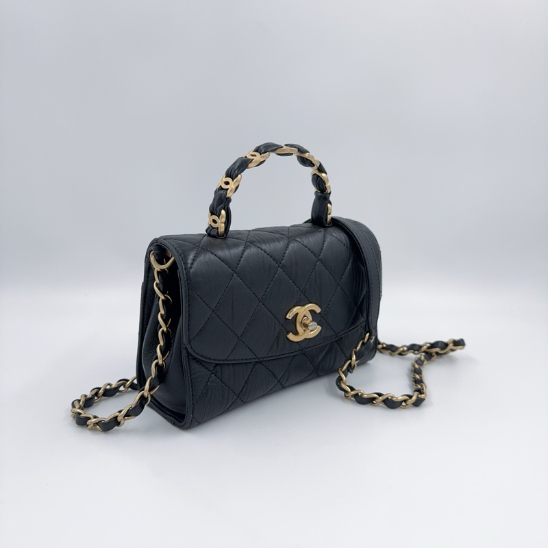 CHANEL黑金揉製羊皮雙C手把轉釦側背包AS2477-4