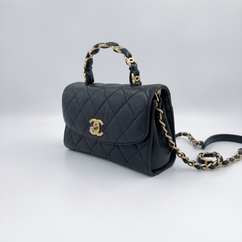 CHANEL黑金揉製羊皮雙C手把轉釦側背包AS2477-5