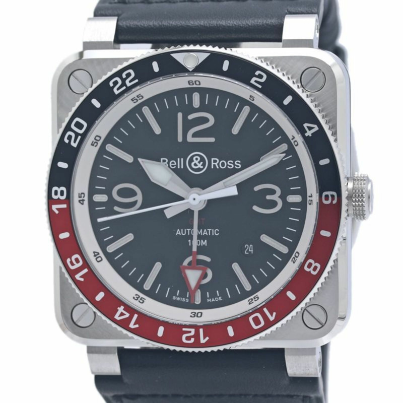 Bell & Ross BR03-93 GMT BR0393-BL-ST SCA 男士腕錶，不鏽鋼錶殼搭配皮錶帶，40329-0