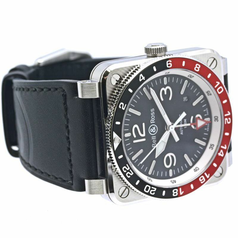 Bell & Ross BR03-93 GMT BR0393-BL-ST SCA 男士腕錶，不鏽鋼錶殼搭配皮錶帶，40329-4