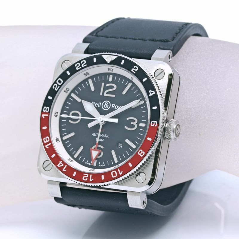 Bell & Ross BR03-93 GMT BR0393-BL-ST SCA 男士腕錶，不鏽鋼錶殼搭配皮錶帶，40329-7
