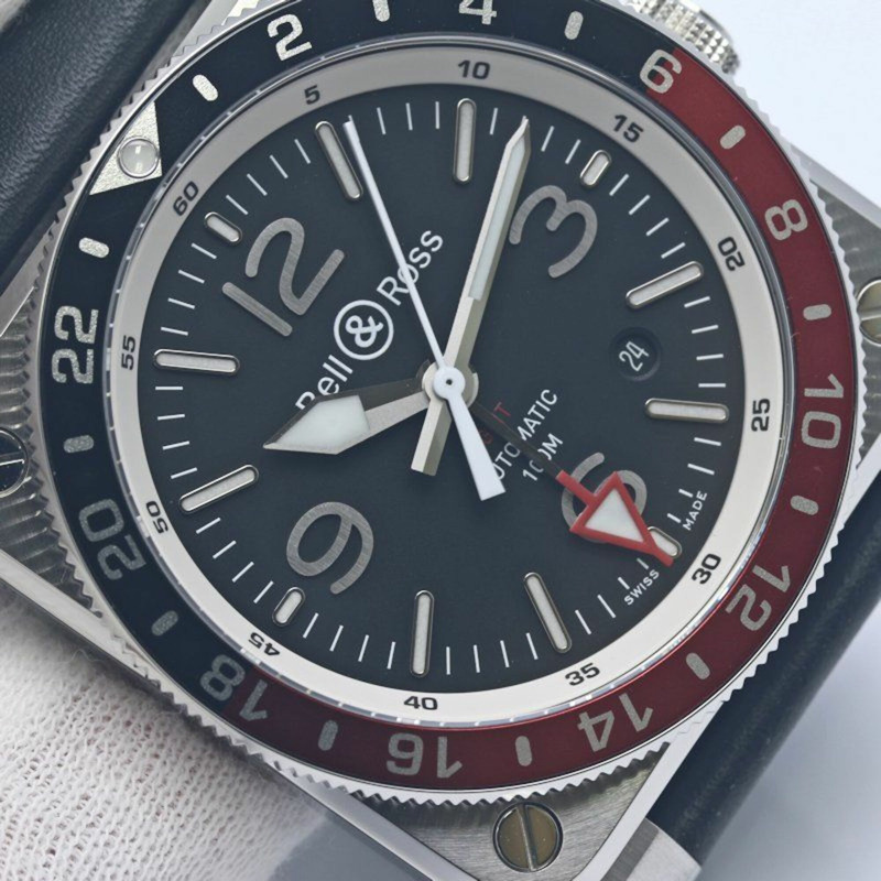 Bell & Ross BR03-93 GMT BR0393-BL-ST SCA 男士腕錶，不鏽鋼錶殼搭配皮錶帶，40329-13