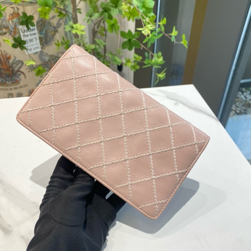 Chanel香奈兒 粉色菱格牛皮折疊錢夾錢包 尺寸 18x10🈚附件-1
