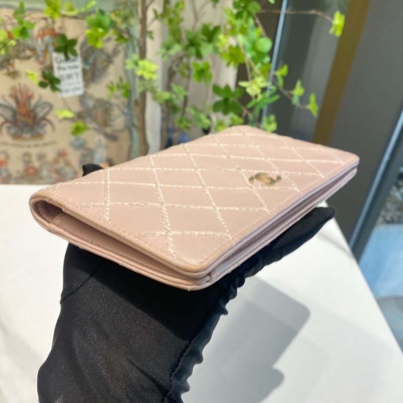Chanel香奈兒 粉色菱格牛皮折疊錢夾錢包 尺寸 18x10🈚附件-2
