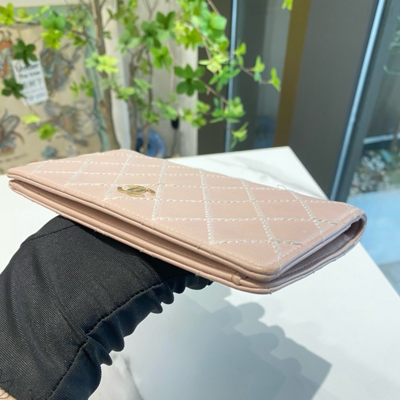 Chanel香奈兒 粉色菱格牛皮折疊錢夾錢包 尺寸 18x10🈚附件-3