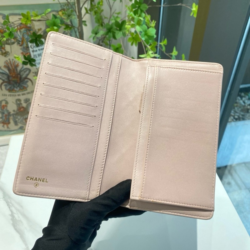 Chanel香奈兒 粉色菱格牛皮折疊錢夾錢包 尺寸 18x10🈚附件-7