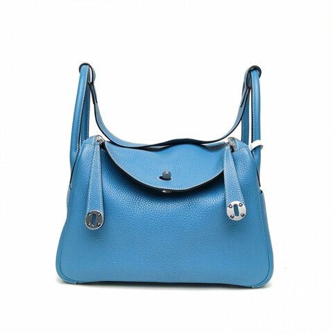 HERMES Lindy30牛仔藍TC皮T刻銀扣肩背包