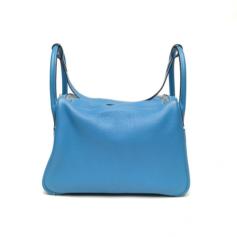 HERMES Lindy30牛仔藍TC皮T刻銀扣肩背包-2