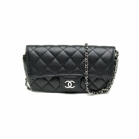 CHANEL 21ssCF經典鏈條眼鏡包黑色荔枝牛皮31開銀扣肩背包