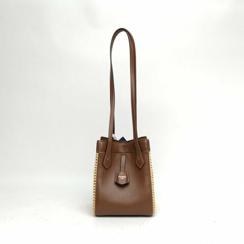 FENDI 棕色牛皮草編Origami折疊水桶包肩背包