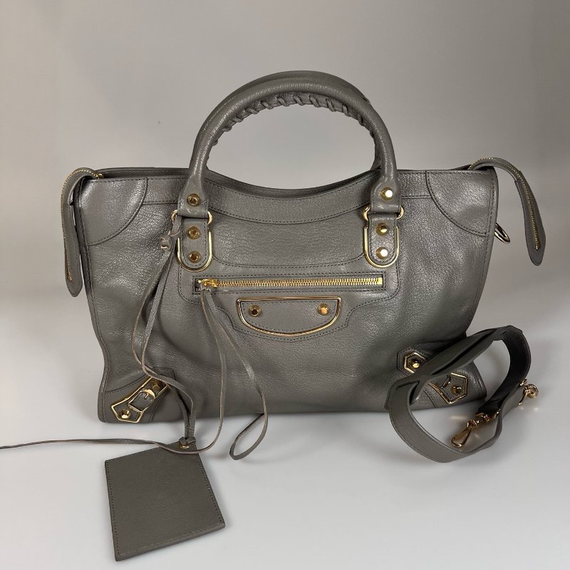 BALENCIAGA 390154 灰皮革金釦提把機車包-1