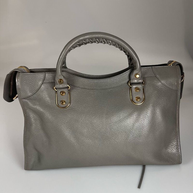 BALENCIAGA 390154 灰皮革金釦提把機車包-2