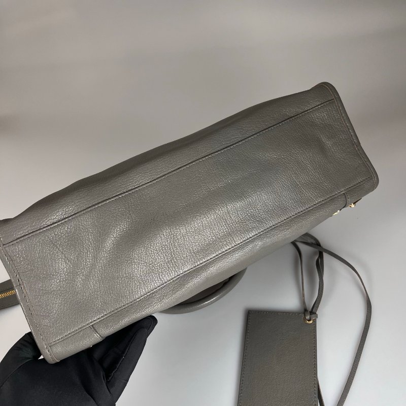 BALENCIAGA 390154 灰皮革金釦提把機車包-5