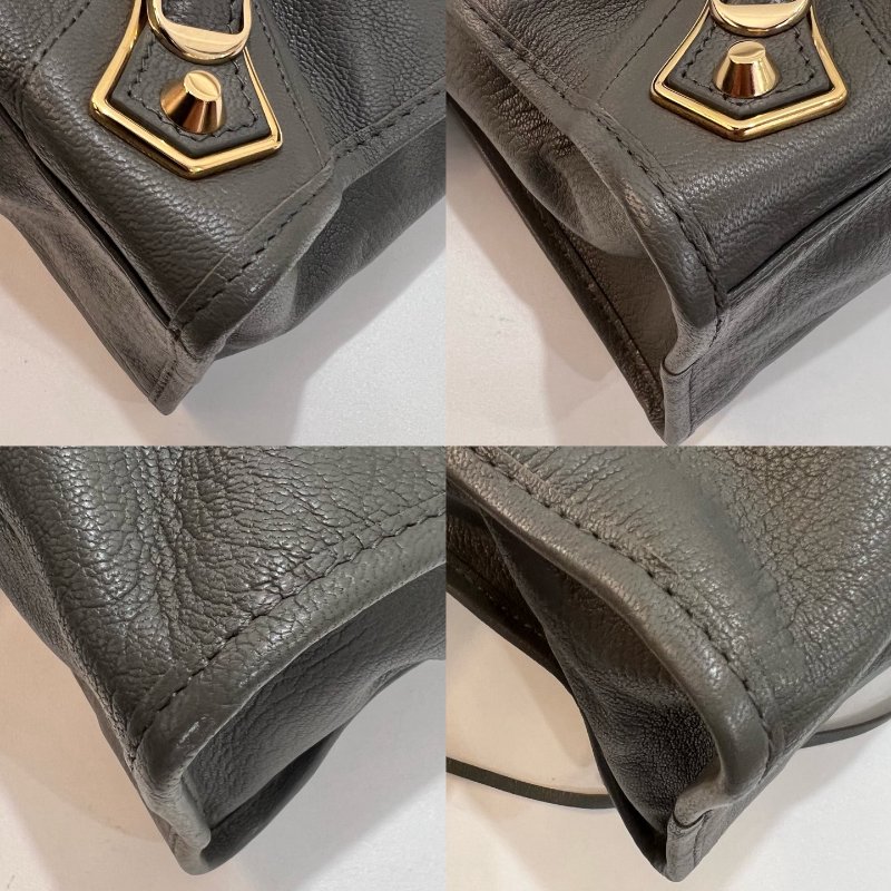 BALENCIAGA 390154 灰皮革金釦提把機車包-10