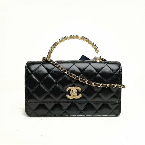 CHANEL 24P手柄CFWOC黑色牛皮鐳射標金扣珍珠肩背包