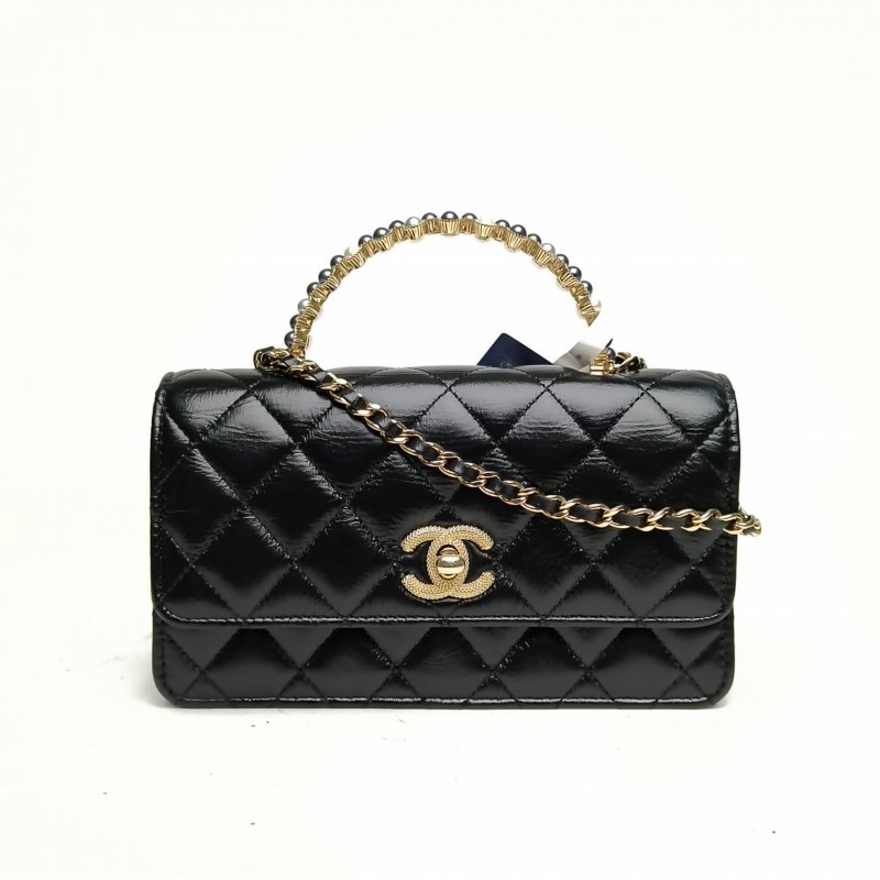 CHANEL 24P手柄CFWOC黑色牛皮鐳射標金扣珍珠肩背包-0