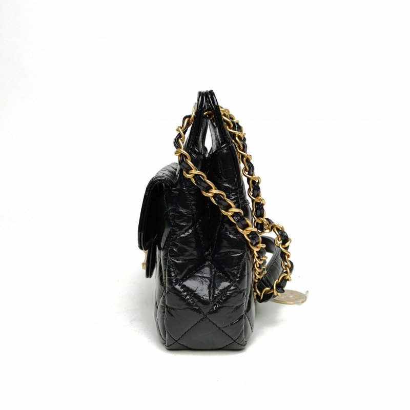 CHANEL 天貓精靈雙皮穿鏈黑色牛皮晶片金扣肩背包-1