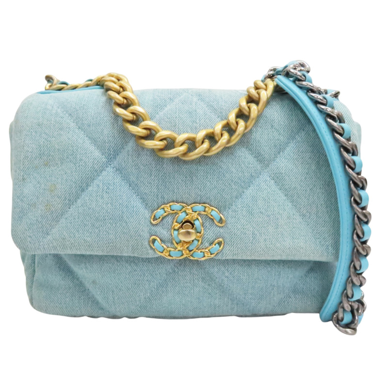 湖水藍色 單寧布 19 口蓋包 鍊帶肩背包【CHANEL 香奈兒】 AS1160-0