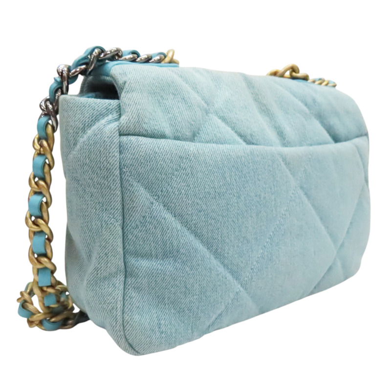 湖水藍色 單寧布 19 口蓋包 鍊帶肩背包【CHANEL 香奈兒】 AS1160-1