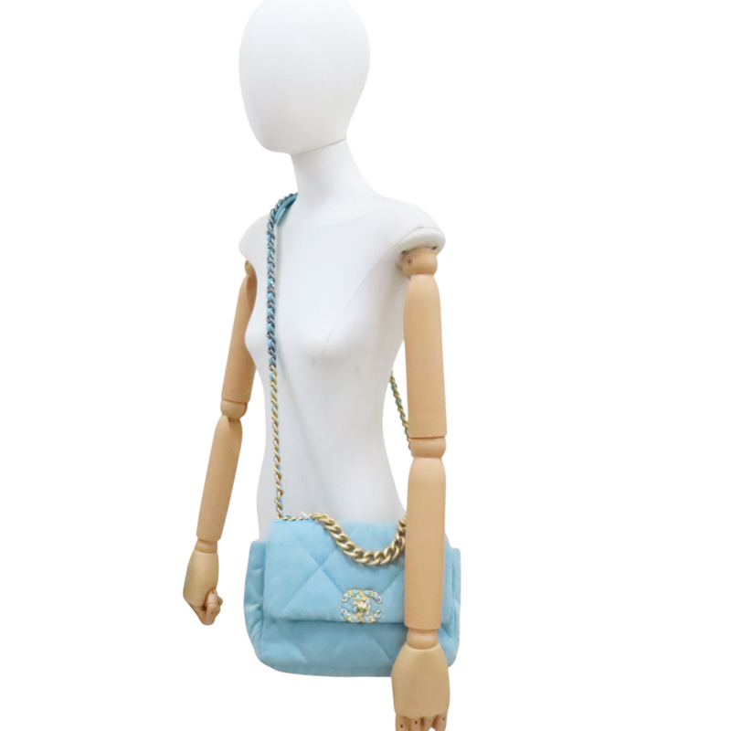 湖水藍色 單寧布 19 口蓋包 鍊帶肩背包【CHANEL 香奈兒】 AS1160-7
