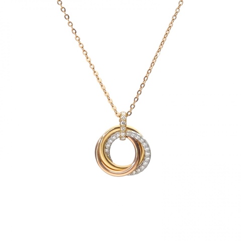 CARTIER Trinity三色金三環白金鑲鑽項鏈小號