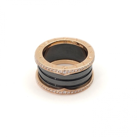 BVLGARI B.ZERO1彈簧戒指四圈雙邊鑽18K玫瑰金/鑽石/黑陶瓷55