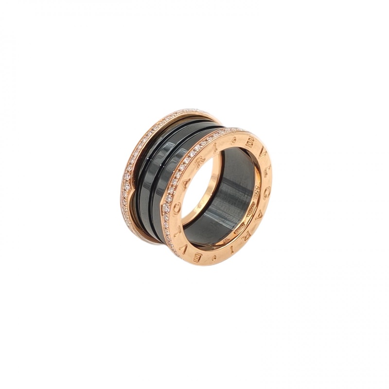 BVLGARI B.ZERO1彈簧戒指四圈雙邊鑽18K玫瑰金/鑽石/黑陶瓷55-1