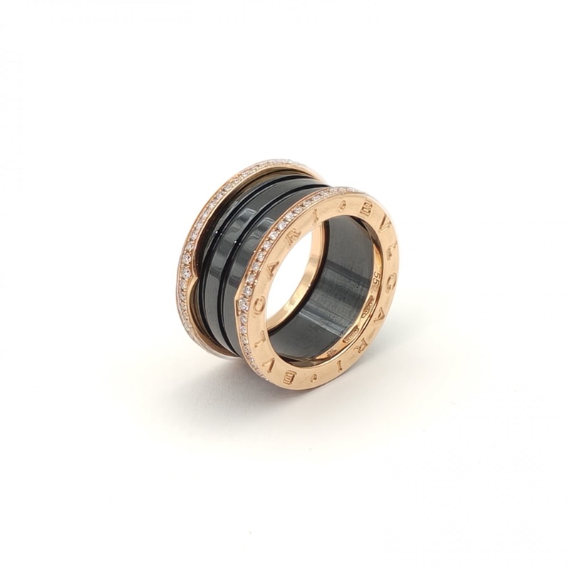 BVLGARI B.ZERO1彈簧戒指四圈雙邊鑽18K玫瑰金/鑽石/黑陶瓷55-2