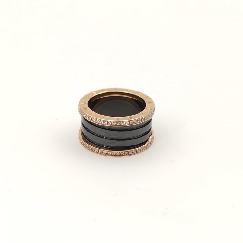 BVLGARI B.ZERO1彈簧戒指四圈雙邊鑽18K玫瑰金/鑽石/黑陶瓷55-3