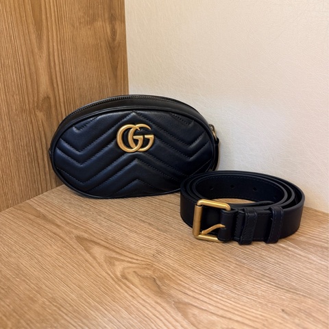 Gucci Marmont黑金牛皮腰包